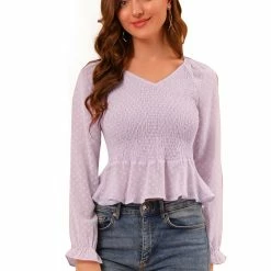 Allegra K Women's Smocked Peplum Crop Top V-Neck Chiffon Ruffle Swiss Dots Blouse