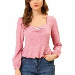 Allegra K Women's Sweetheart Neck Elactic Cuffs Ruffle Hem Heart Pattern Tops