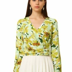 Allegra K Women's Floral Print V Neck Pleated Waist Lantern Long Sleeve Crop Top