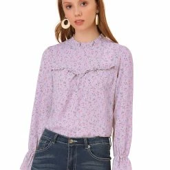 Allegra K Women's Floral Printed Ruffle Neck Long Sleeve Keyhole Back Chiffon Blouse Top