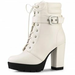 Allegra K Women's Platform Buckle Lace Up Block Heel Ankle Boot