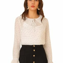 Allegra K Women's Chiffon Top Lace Ruffled Tie Neck Polka Dots Bell Sleeve Blouse