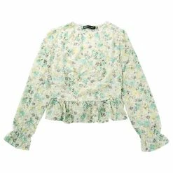 Allegra K Women's V Neck Ditsy Floral Ruffle Long Sleeve Peplum Top