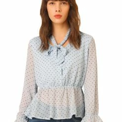 Allegra K Women's Dots Peplum Shirt Ruffle Cuff Semi Sheer Bow Tie Neck Blouse