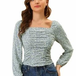 Allegra K Women's Ditsy Floral Peasant Milkmaid Ruched Blouse