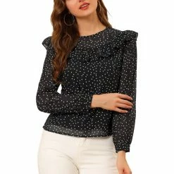 Allegra K Women's Dots Chiffon Top Elegant Crew Neck Ruffle Blouse