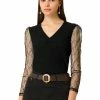 Allegra K Women's Semi Sheer Lace Panel V Neck Casual Long Sleeve Blouse