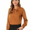 Allegra K Women's Elegant Satin Shirt Ruffle Tie Neck Long Sleeve Work Office Blouse Top