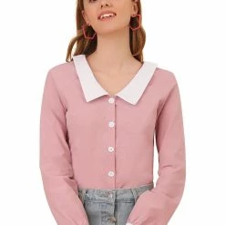 Allegra K Women's Contrast Peter Pan Collar Blouse Button Up Shirt