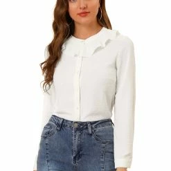 Allegra K Women's Ruffle Neck Button Closure Long Sleeve Swiss Dots Casual Chiffon Blouse Shirt