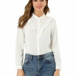 Allegra K Women's Elegant Ruffle Front Shirt Swiss Dots Long Sleeve Blouse