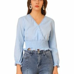 Allegra K Women's Swiss Dots Ruffle Long Sleeve V Neck Smocked Wrap Crop Top