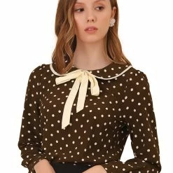 Allegra K Women's Peter Pan Collar Top Dots Tie Neck Work Chiffon Blouse Shirt