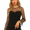 Allegra K Women's Lace Mesh Bell Long Sleeve Round Neck Heart Dots Print Top Blouse
