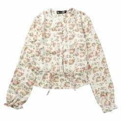 Allegra K Women's V Neck Button Front Long Sleeve Floral Stand Collar Top