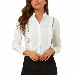 Allegra K Women's Stand Collar Tops Long Sleeve Button Up Contrast Piping Ruffle Trim Career Blouse Shirt