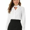Allegra K Women's Choker Neck Blouse Long Sleeve Turn Down Collar Work Shirt