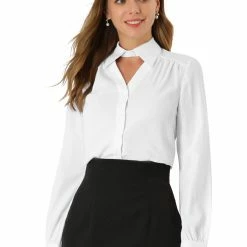 Allegra K Women's Choker Neck Blouse Long Sleeve Turn Down Collar Work Shirt