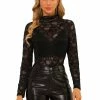 Allegra K Women's Floral Lace Long Sleeve Mock Neck Sheer Semi-Sheer Blouse Top