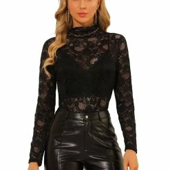 Allegra K Women's Floral Lace Long Sleeve Mock Neck Sheer Semi-Sheer Blouse Top