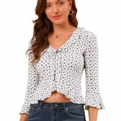 Allegra K Women's Floral Blouse Ruffles Neck 3/4 Ruffle Sleeve Frilled Top