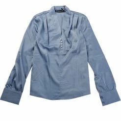 Allegra K Women's V Neck Decor Button Pleated Solid Office Long Sleeve Shirt