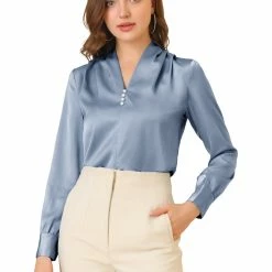 Allegra K Women's V Neck Decor Button Pleated Solid Office Long Sleeve Shirt
