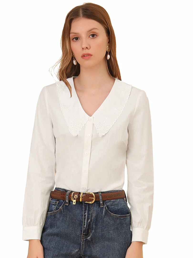 Allegra K Women's Lace Embroidery Peter Pan Collar Shirt Lantern Sleeve Button Blouse Top 3 Allegra K Women's Lace Embroidery Peter Pan Collar Shirt Lantern Sleeve Button Blouse Top