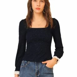 Allegra K Women's Elegant Square Neck Lace Panel Stretchy Long Sleeve Top Blouse