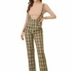 Allegra K Women's Belted Adjustable Straight Wide Leg Plaid Long Overalls