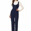Allegra K Women's High Waist Wide Leg Pants Knit Overalls Jumpsuit With Pockets