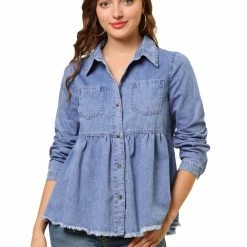 Allegra K Women's Long Sleeve Peplum Button Down Denim Shirt