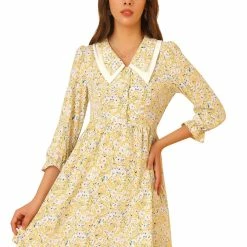 Allegra K Women's Ditsy Floral Printed Dresses Half Placket Puff Sleeve Peter Pan Collar Chiffon Dress