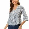 Allegra K Women's Floral Print V-Neck Babydoll Blouse Elegant Bell Sleeve Peplum Top