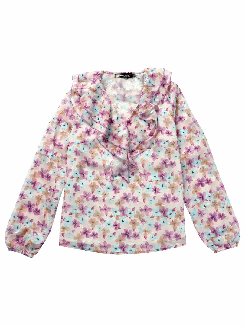 Allegra K Women's V Neck Floral Jacquard Semi-Sheer Sleeve Ruffled Neck Sweet Chiffon Blouse 4 Allegra K Women's V Neck Floral Jacquard Semi-Sheer Sleeve Ruffled Neck Sweet Chiffon Blouse