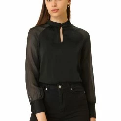 Allegra K Women's Long Sleeve Keyhole Neck Sheer Satin Blouse