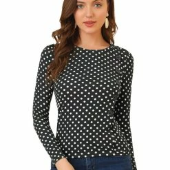 Allegra K Women's Causal Polka Dots Blouse Round Neck Puff Long Sleeve Tops