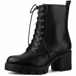 Allegra K Shoes Women's Lace-Up Platform Chunky Heels Combat Boots