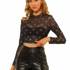 Allegra K Women's Semi-Sheer Blouse Sexy Heart Print Crop Tops Party Mesh Top