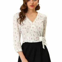 Allegra K Women's Floral Print Blouse Lace Trim 3/4 Sleeve V Neck Cotton Faux Wrap Top