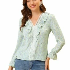 Allegra K Women's Ruffle Elegant Lace Trim V Neck Chiffon Top Ditsy Floral Blouse