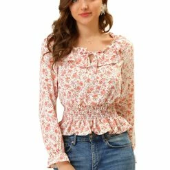 Allegra K Women's Smocked Elegant Ruffle Tie Neck Chiffon Floral Blouse