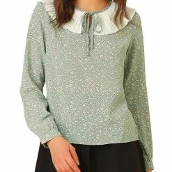 Allegra K Women's Contrast Pleated Collar Long Sleeve Chiffon Floral Blouse Top