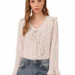 Allegra K Women's 3/4 Flare Sleeve Floral Ruffle V Neck Chiffon Blouse Top