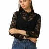 Allegra K Women's Lace Panel Floral Work Ruffle Mock Neck Button Up Shirt 1 Allegra K Women's Lace Panel Floral Work Ruffle Mock Neck Button Up Shirt