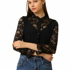 Allegra K Women's Lace Panel Floral Work Ruffle Mock Neck Button Up Shirt