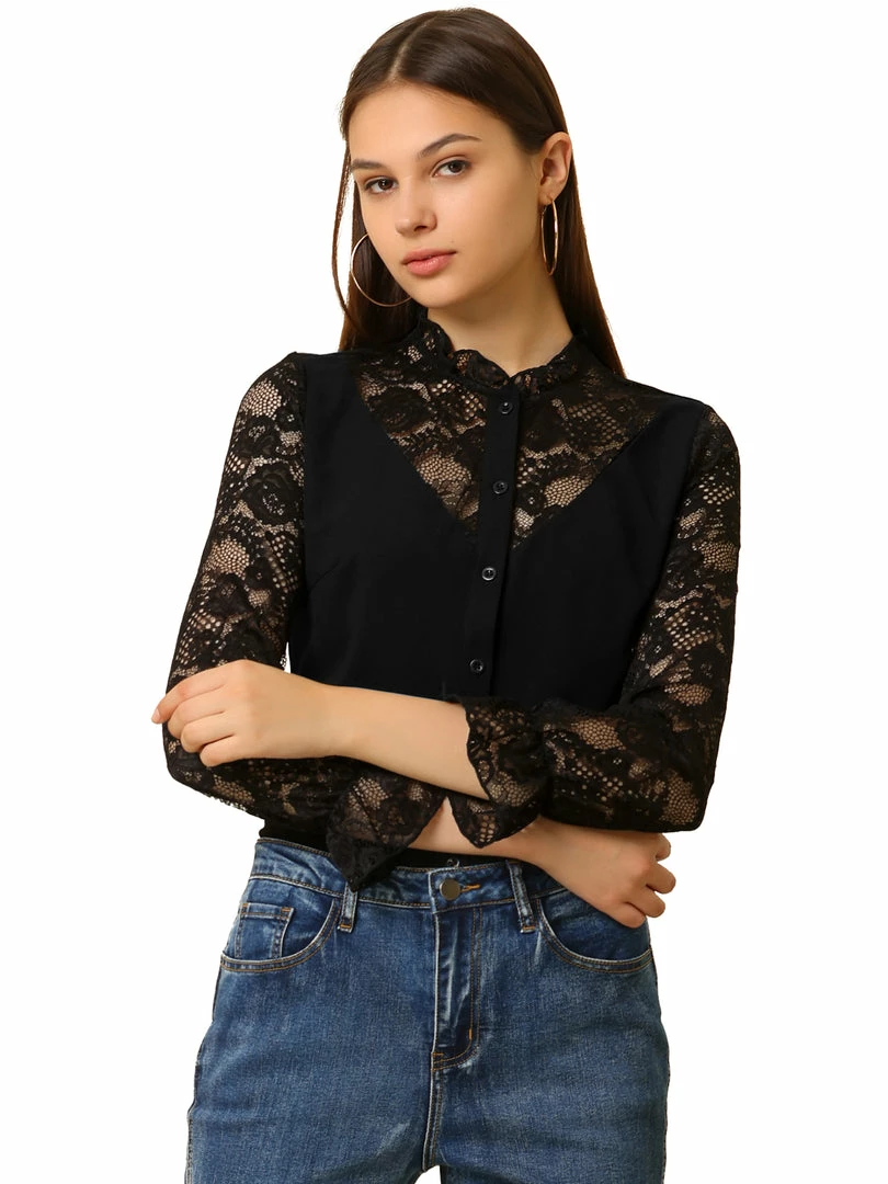 Allegra K Women's Lace Panel Floral Work Ruffle Mock Neck Button Up Shirt 3 Allegra K Women's Lace Panel Floral Work Ruffle Mock Neck Button Up Shirt