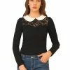 Allegra K Women's Lace Panel Sweetheart Front Long Sleeves Contrast Peter Pan Collar Tops