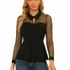 Allegra K Women's Mesh Sheer Long Sleeve Blouse Turn Down Collar Keyhole Peplum Top