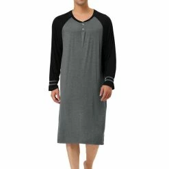 Allegra K Men's Nightshirts Contrast Color Henley Sleep Shirt Lounge Sleepwear Nightgown Pajamas